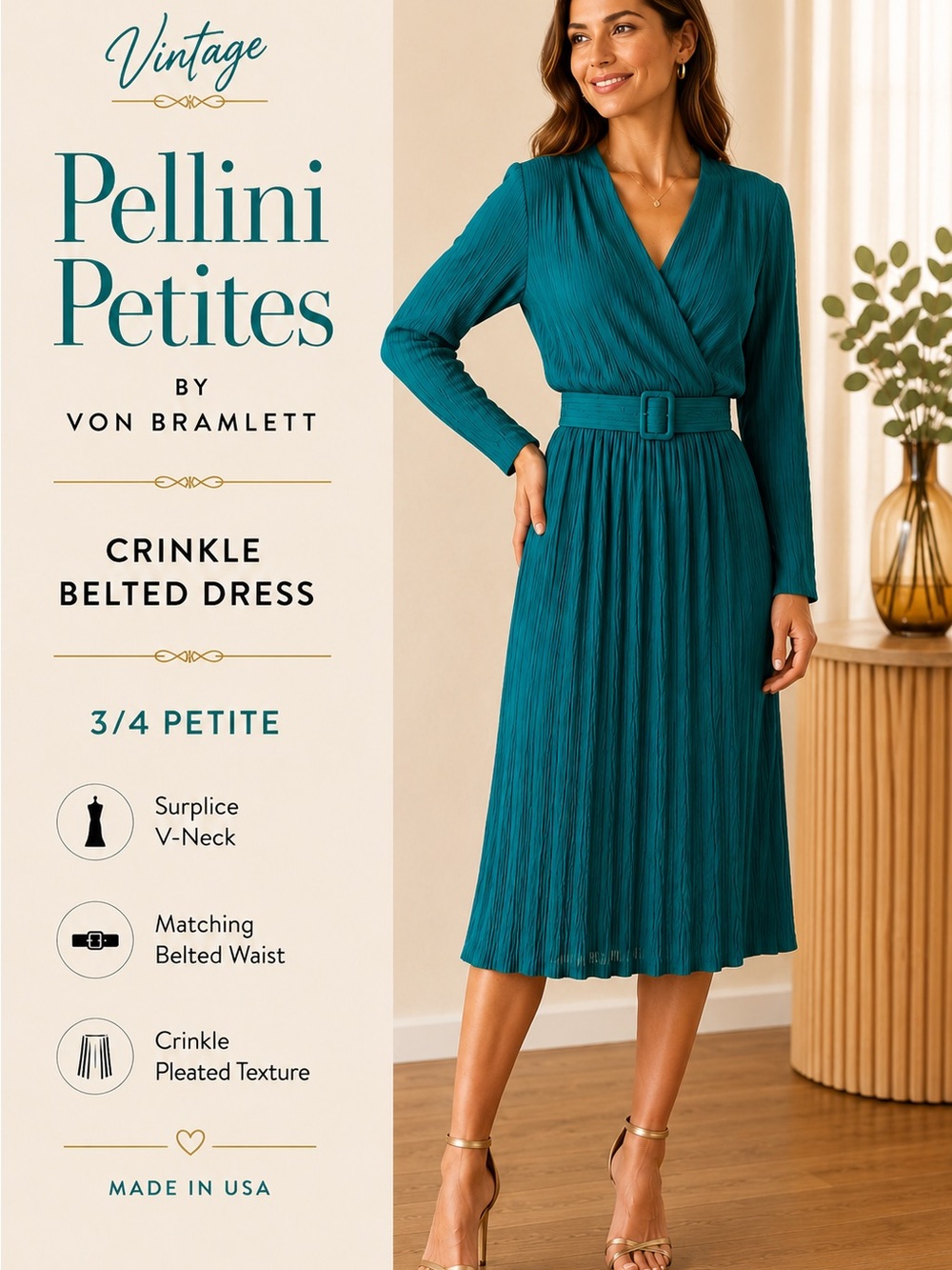 Vintage Pellini Petites Teal Crinkle Belted Dress 3/4 Petite